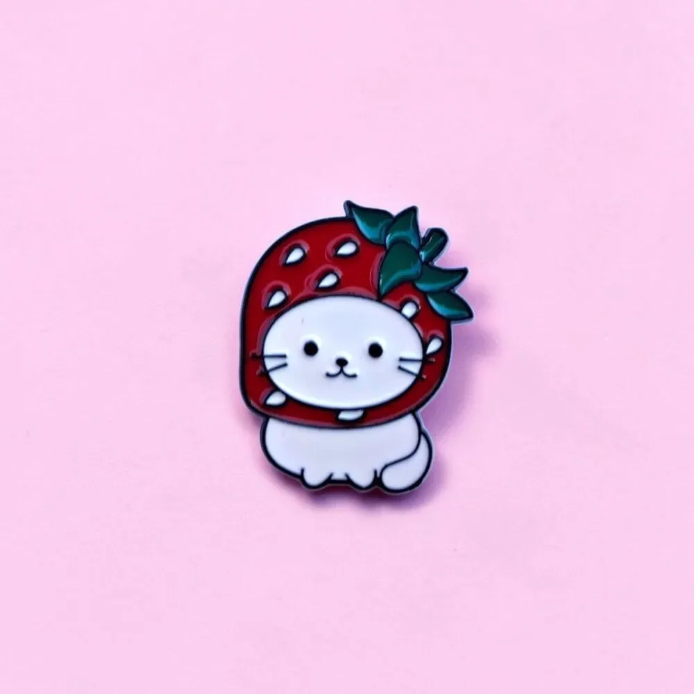 Kawaii White Cat in Strawberry Hood Enamel Pin - Cute Fruit Kitty Lapel Badge
